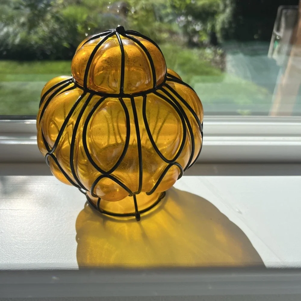 Hanging Iron Caged Amber Glass Bubble Candle Holder Luminary Vase Moroccan  MCM